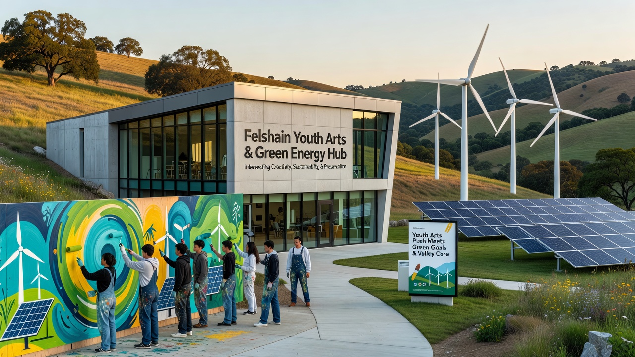 Solar-powered outdoor stage setup in Felshain valley for a youth arts event